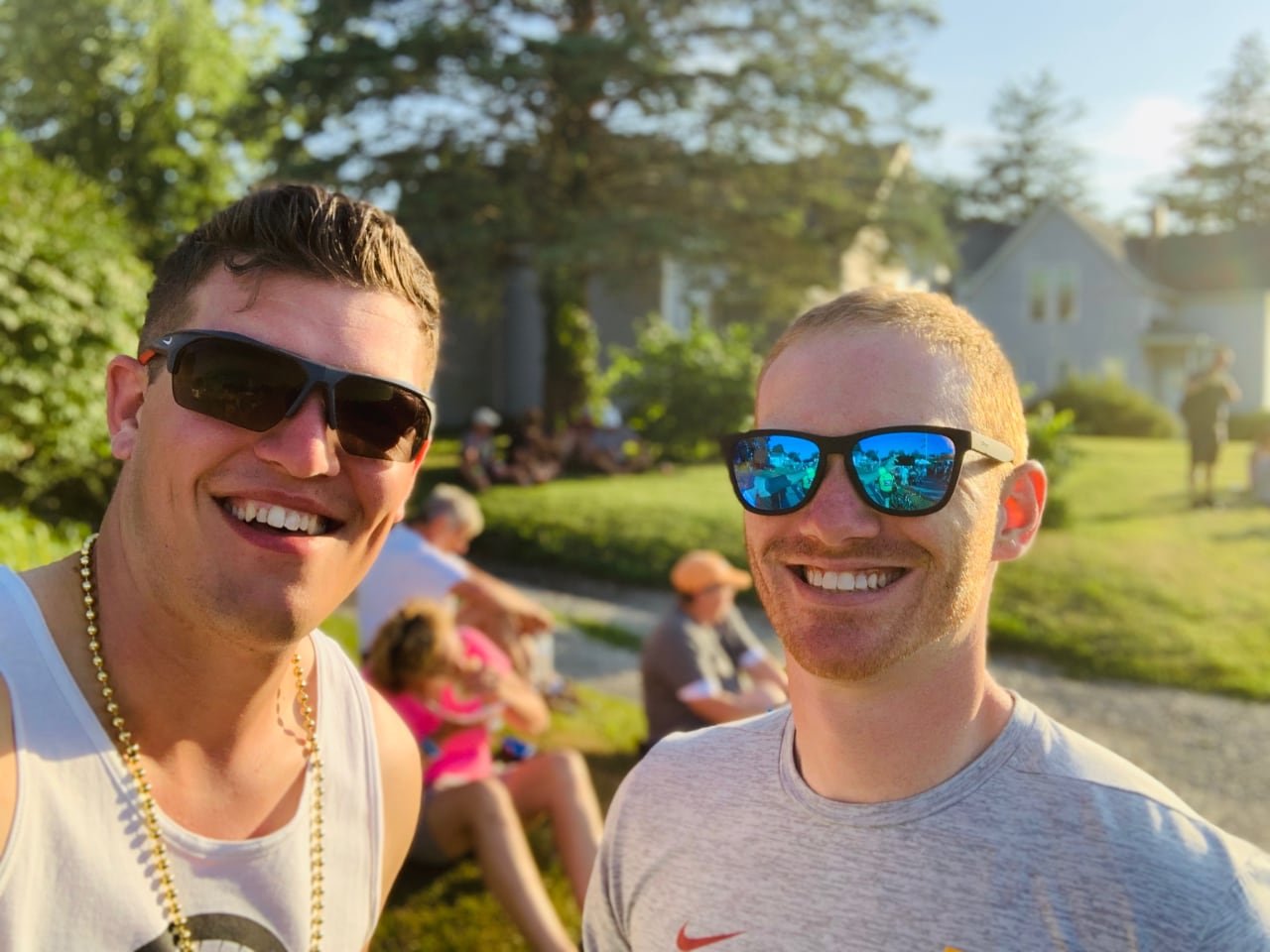 Chris and I in normal clothes at our resting town for the evening, Indianola IA